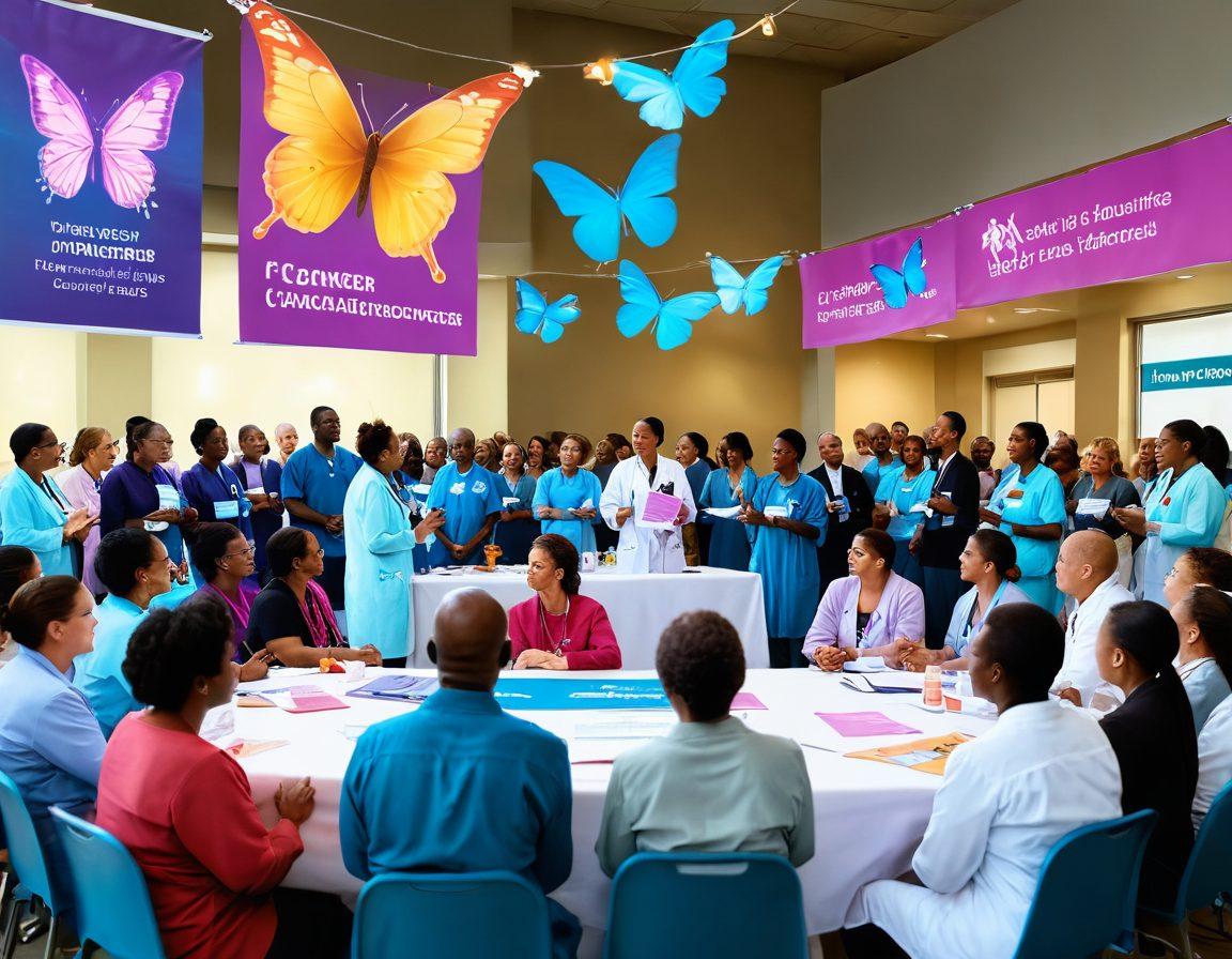A vibrant scene depicting a diverse group of patients and healthcare professionals engaged in a community gathering, sharing information about oncology advancements. Include banners with cancer awareness messages, interactive displays about new treatments, and symbols of hope like butterflies and light. The atmosphere should feel uplifting and empowering, showcasing unity in cancer care advocacy. super-realistic. vibrant colors.