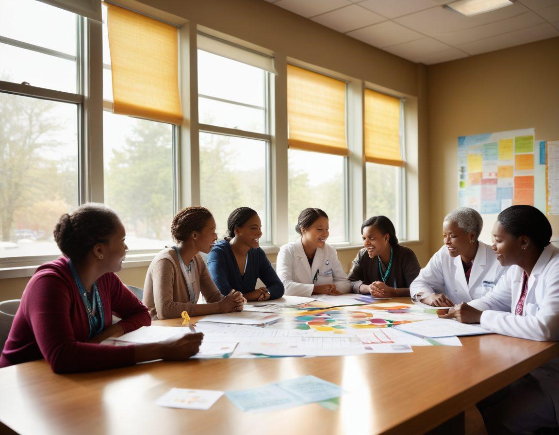 A compassionate healthcare environment where a diverse group of patients and advocates gather around a table, engaged in lively discussions with informative materials scattered about, symbolizing empowerment through education. Include a backdrop of uplifting visuals, such as a ribbon motif, light streaming in through large windows, and medical charts. The scene radiates hope and community. vibrant colors. soft focus.