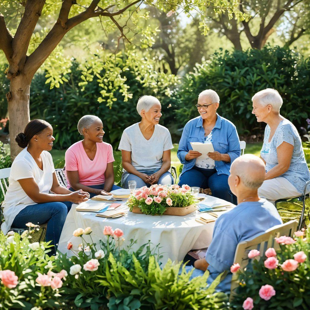 A hopeful and inspiring scene depicting a diverse group of cancer survivors sharing stories in a supportive garden setting, surrounded by blooming flowers and sunlight filtering through trees. Include resources like booklets and support group materials scattered on a table. Capture the essence of strength, community, and healing. soft lighting. vibrant colors. watercolor style.
